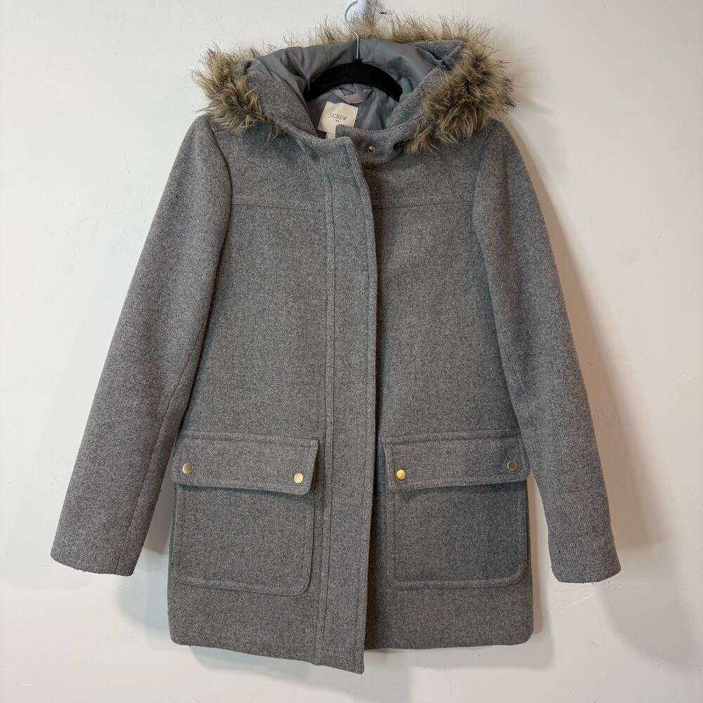J. Crew Women's Vail Parka Wool Blend Pea Coat Faux Fur Trim Full Zip Grey 2